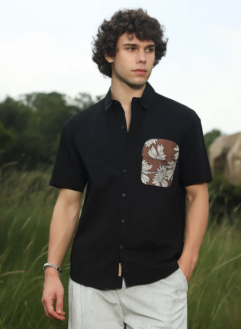 كامبوس سوترا Men's Chocolate Brown & Obsidian Black Flora-Block Shirt For Casual Wear | Spread Collar | Short Sleeves | Button Closure | Oversized Shirt Crafted With Comfort Fit For Everyday Wear